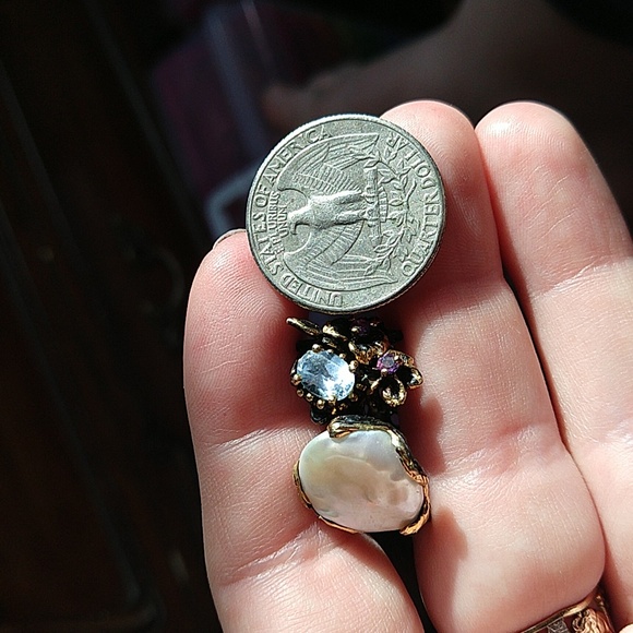 14k gold dipped 925 sterling silver oxidized coin pearl amethyst blue topaz ring - Picture 13 of 13